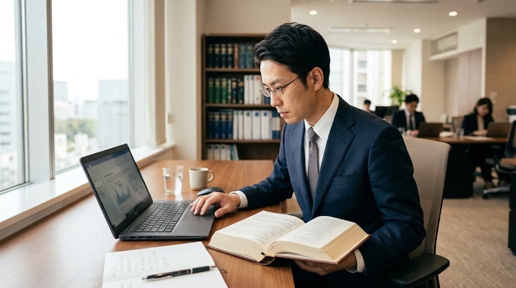 ノートPCの画面と分厚い書籍を見比べるビジネスパーソンの写真