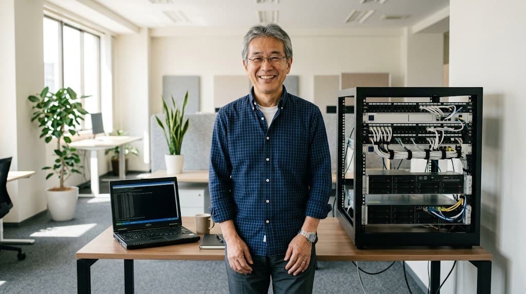 サーバーラックとノートPCの前に立ち、微笑むエンジニアの写真