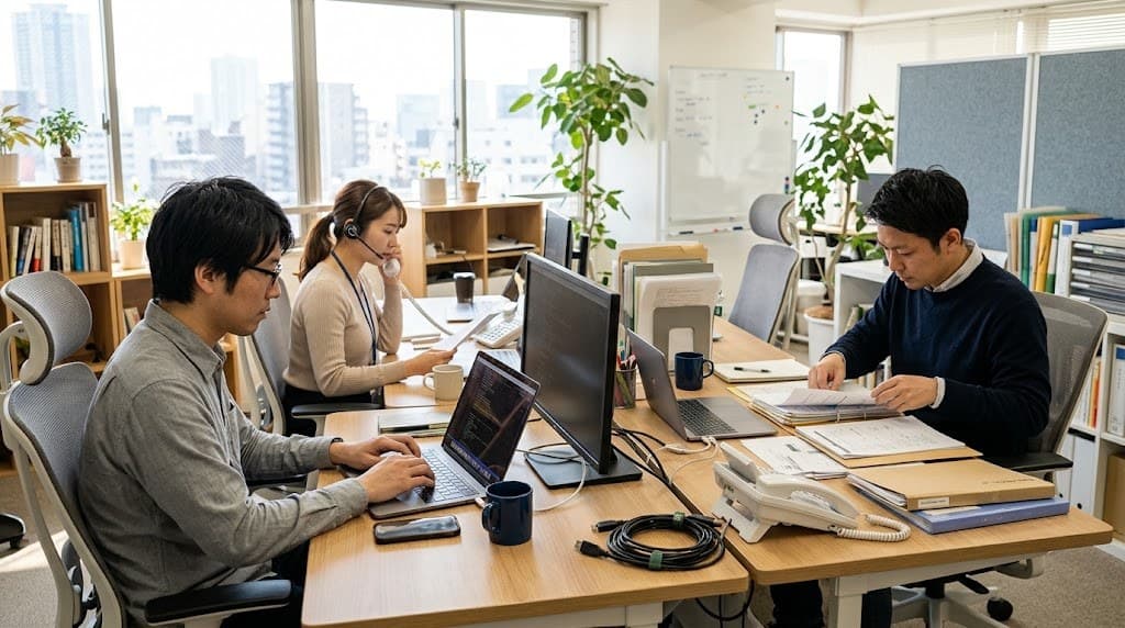 少人数のオフィスでそれぞれ違う作業をするチームの写真