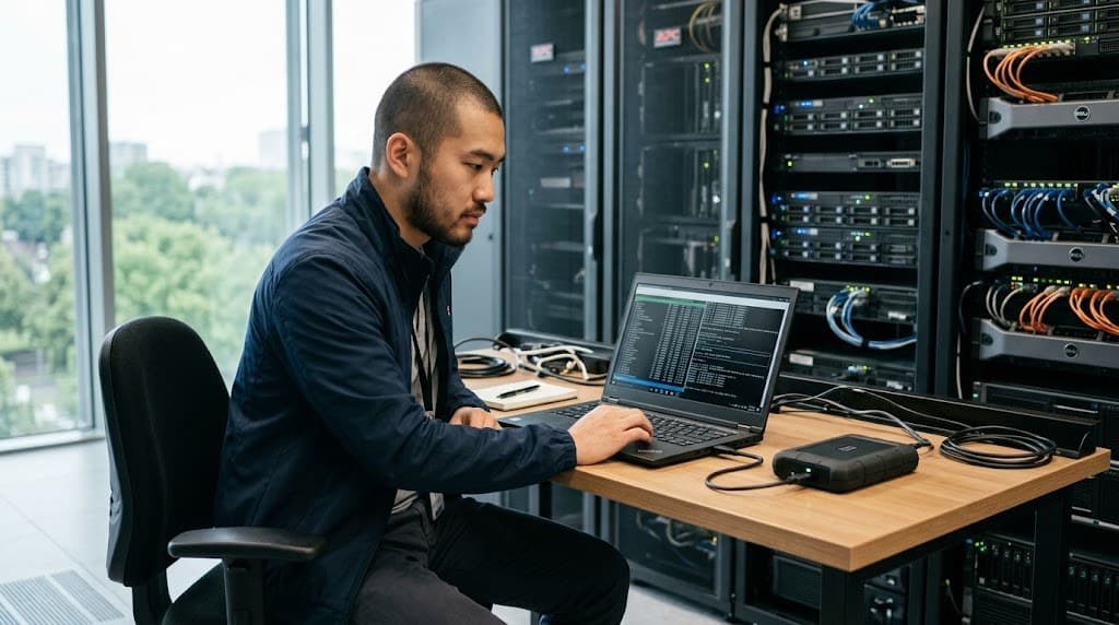 外付けハードディスクとノートPCでデータ復元を確認するエンジニアの写真
