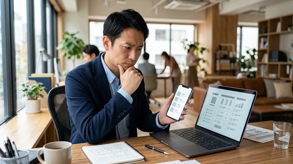 スマートフォンとノートPCの画面を見比べる男性の写真