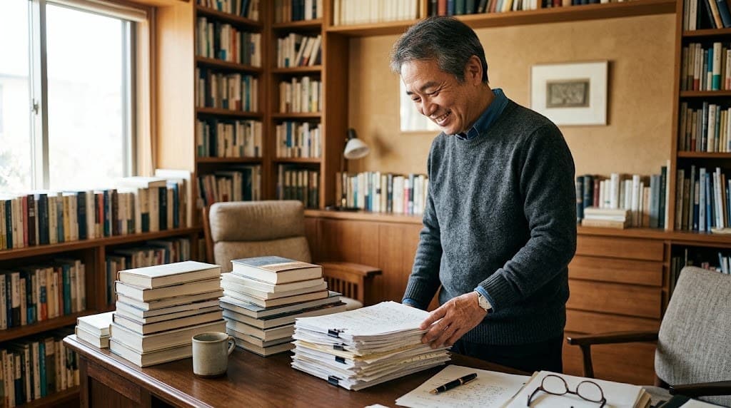 書斎で本と原稿の束を満足げに眺める男性の写真
