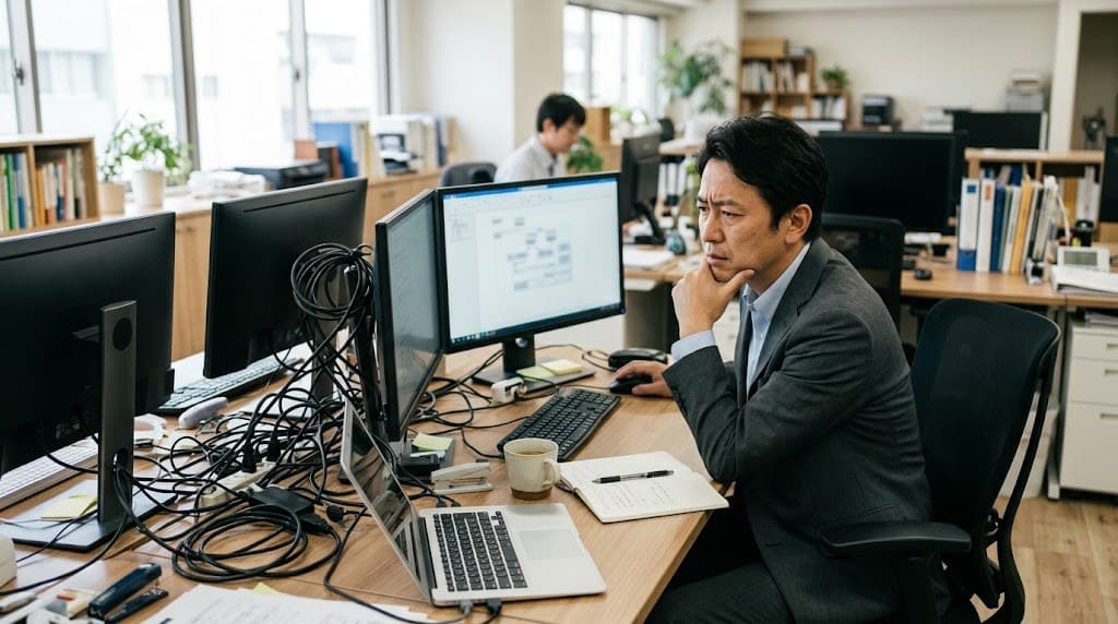 絡み合ったケーブルに囲まれ困った表情の経営者の写真