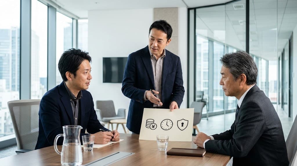 コスト・時間・リスクのアイコンが描かれた紙を見せながら説明する写真