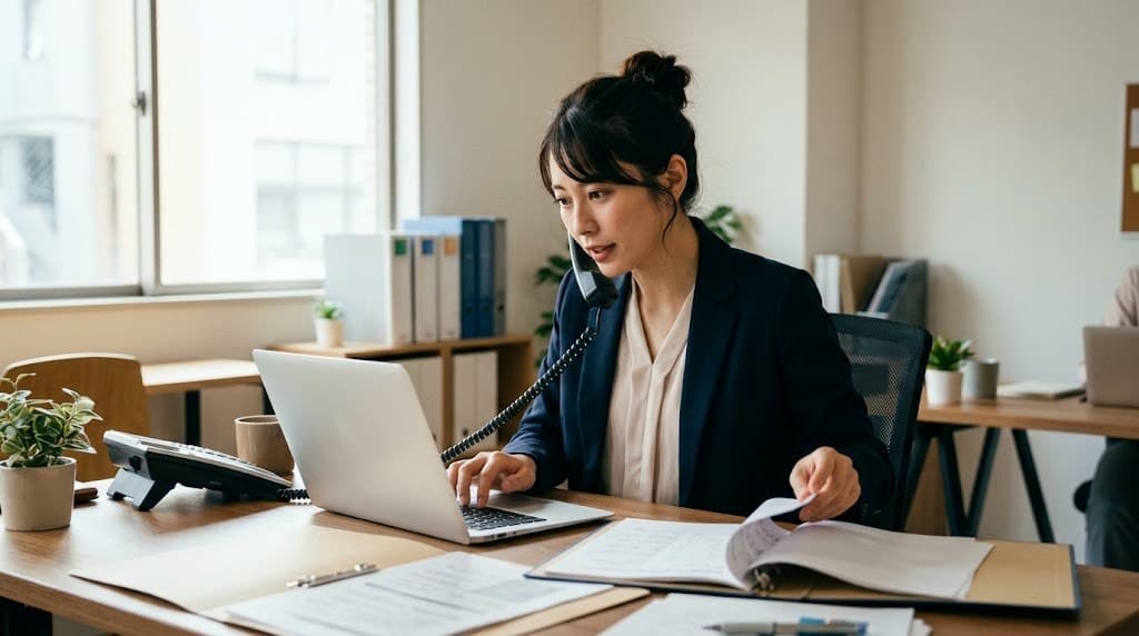 ノートPCと電話、書類を同時にこなす一人のビジネスパーソンの写真