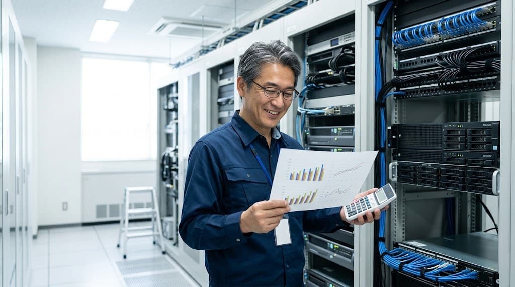 サーバーラックの前で電卓とグラフを確認するエンジニアの写真